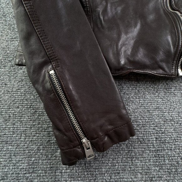 Allsaints Leather Jacket Brown Women Size 4 Zip Pockets Grunge Catch Biker - Picture 6 of 16